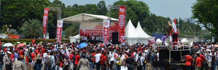 A giant stage erected at the center of the mass rally that calls for national unity.